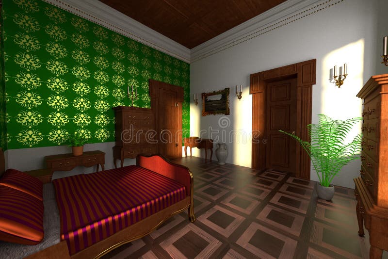 Interno di lusso della proprietà terriera - camera da letto illustrazione di stock Interno di lusso della proprietà terriera - camera da letto illustrazione di stock