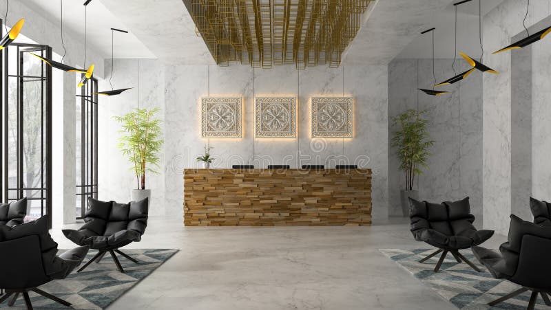 Interno di un'illustrazione di ricezione 3D della stazione termale dell'hotel illustrazione di stock Interno di un'illustrazione di ricezione 3D della stazione termale dell'hotel illustrazione di stock