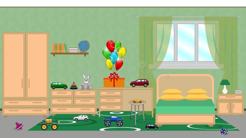 Interno di una camera da letto dei bambini con mobilia, decorat festivo illustrazione vettoriale Interno di una camera da letto dei bambini con mobilia, decorat festivo illustrazione vettoriale