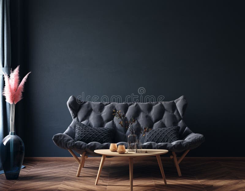 Interno domestico, lusso moderno e oscuro salotto interno, muro nero e vuoto. royalty illustrazione gratis