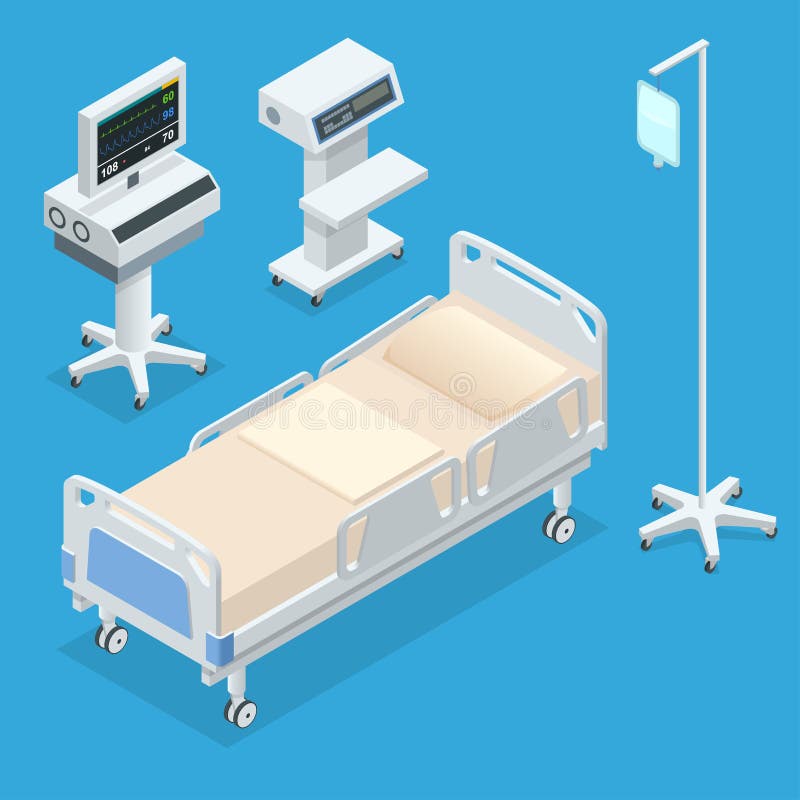 Interno isometrico dell'illustrazione piana di vettore 3D della stanza di ospedale Stanza di ospedale con i letti e medico comodo