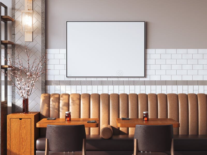 Interno luminoso del ristorante con tela in bianco rappresentazione 3d