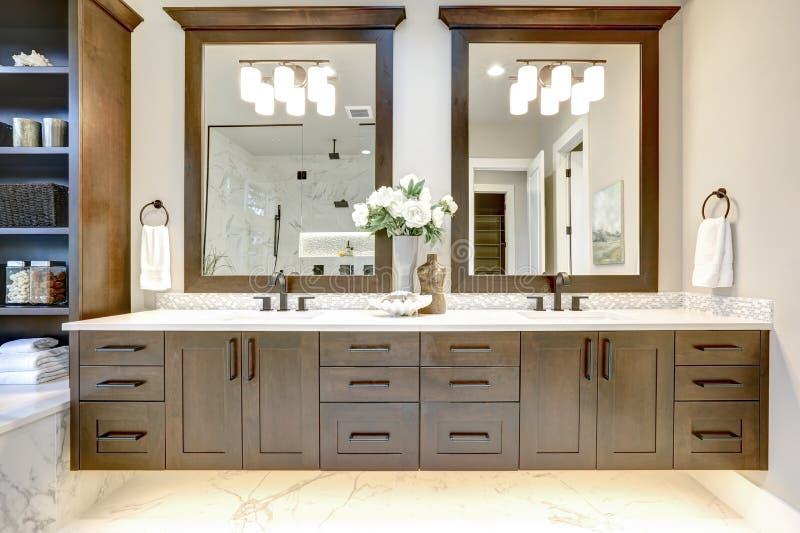 Interno matrice del bagno nella casa moderna di lusso con i gabinetti scuri del legno duro, la vasca bianca e la doccia della por