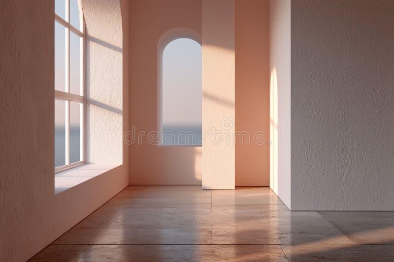 Interno minimalista generato con ombre di luce solare attraverso vetrine a arco di grandi dimensioni illustrazione di stock