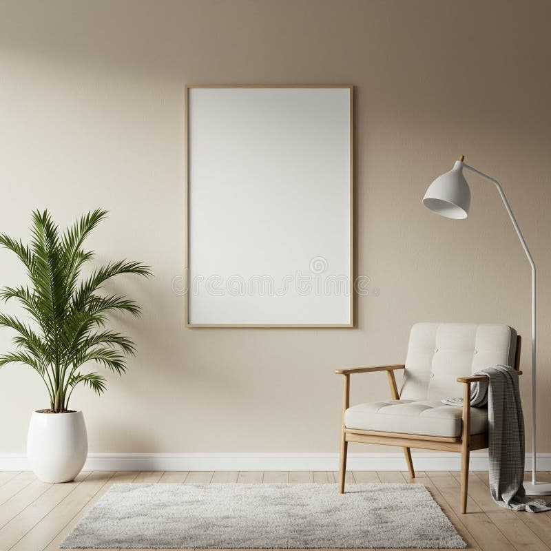 Interno minimalista generato con una ventosa lampada per pavimenti per sedie a rotelle e una pianta in vaso royalty illustrazione gratis