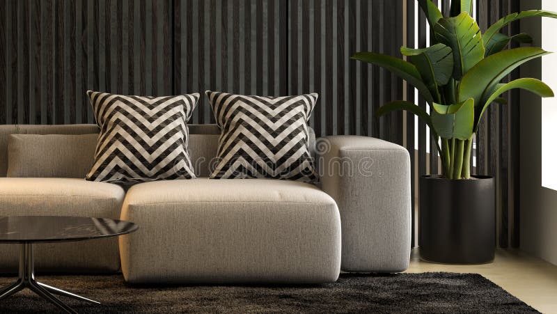 Interno minimalista nero della rappresentanza moderna del soggiorno 3d illustrazione di stock