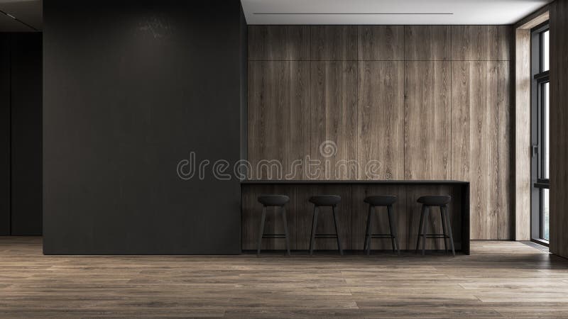Interno minimalista nero moderno con i pannelli e la barra del muro di legno del pavimento della cucina. royalty illustrazione gratis