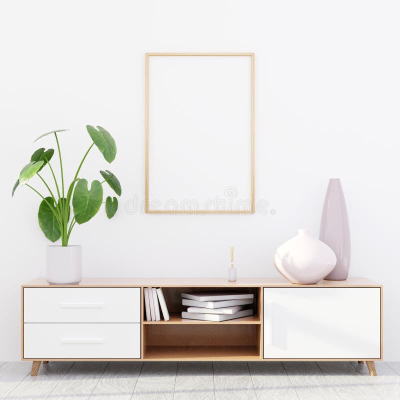Interno moderno del salone con un'apprettatrice di legno e un modello del manifesto, 3D rendere fotografia stock libera da diritti Interno moderno del salone con un'apprettatrice di legno e un modello del manifesto, 3D rendere fotografia stock libera da diritti