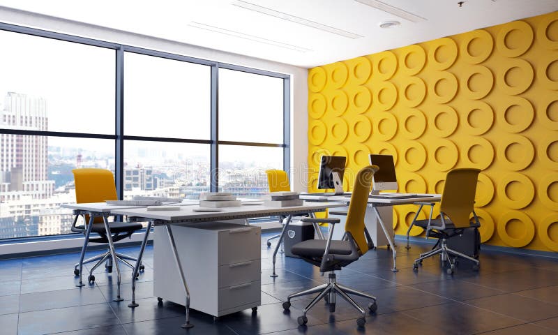 Interno moderno dell'ufficio con la parete di giallo della caratteristica