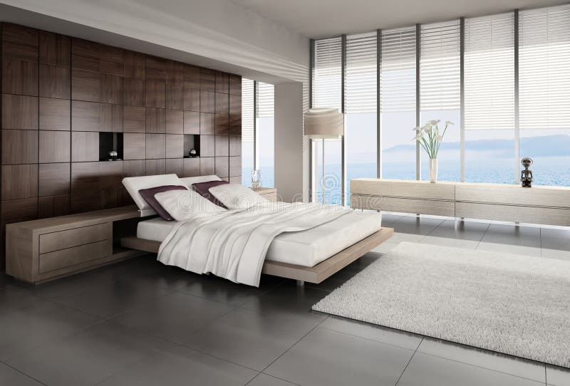 Interno moderno della camera da letto con la vista di vista sul mare illustrazione di stock Interno moderno della camera da letto con la vista di vista sul mare illustrazione di stock