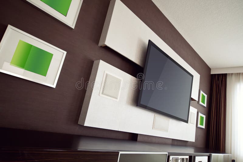 Interno moderno della stanza del teatro domestico con lo schermo piano TV fotografia stock Interno moderno della stanza del teatro domestico con lo schermo piano TV fotografia stock