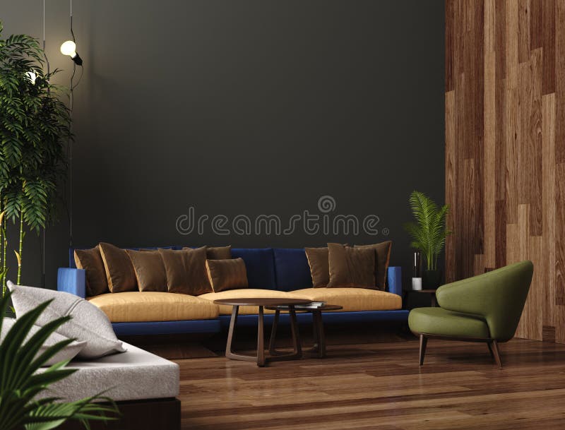 Interno moderno di lusso del salone, parete marrone verde scuro, sofà moderno con la poltrona e piante