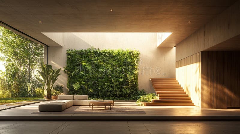 Interno moderno minimalista con giardino verticale e luce naturale panoramica illustrazione di stock