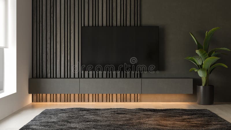 Interno nero minimalista rendering 3d del moderno salotto illustrazione di stock