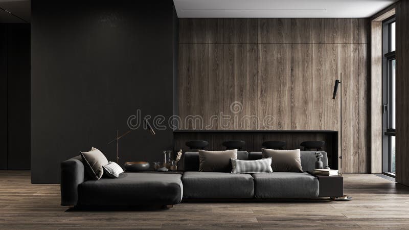 Interno nero moderno con pannelli per pavimenti in legno per divano da cucina e isola di marmo da cucina. illustrazione di stock