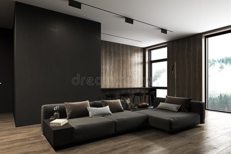 Interno nero moderno con pannelli per pavimenti in legno per divano da cucina e isola di marmo da cucina. illustrazione di stock