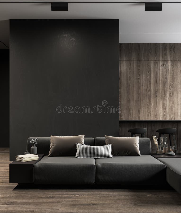 Interno nero moderno con pannelli per pavimenti in legno per divano da cucina e isola di marmo da cucina. royalty illustrazione gratis