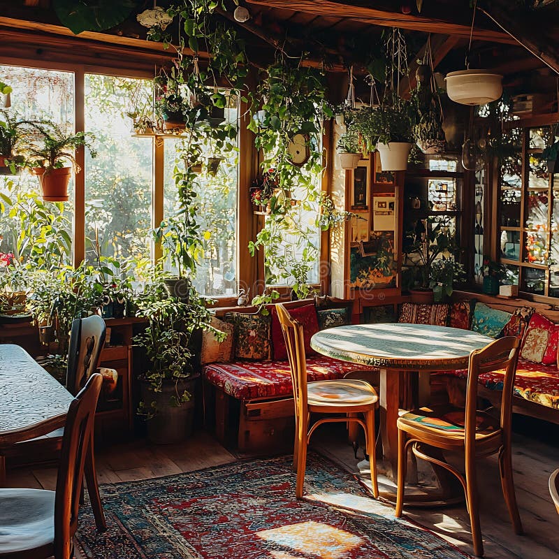 Interno Rustic Cafe Sunlit con impianti di sollevamento e un tappeto di vintage illustrazione di stock