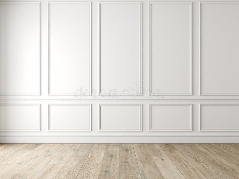 Interno vuoto bianco classico moderno con i pannelli di parete ed il pavimento di legno