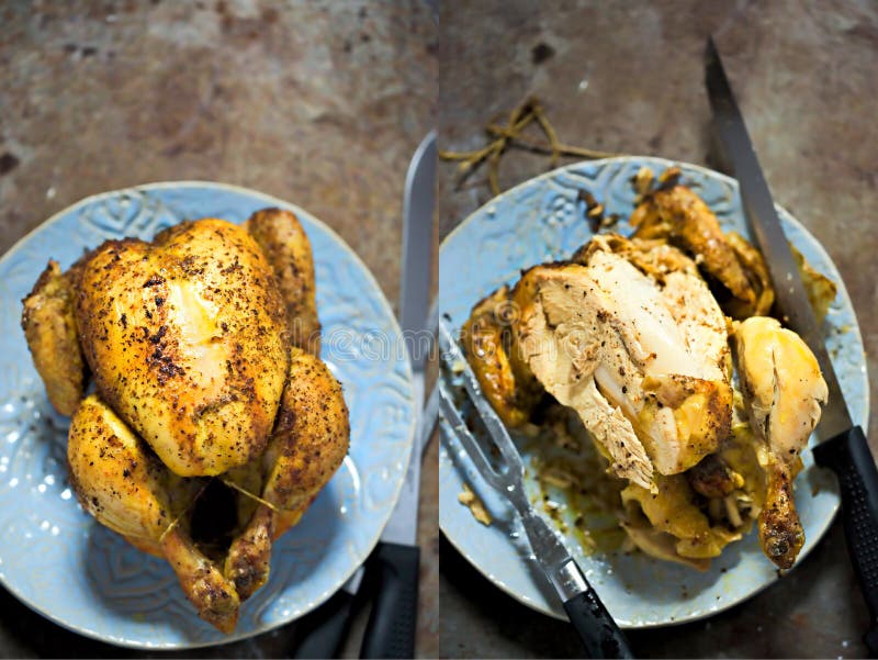 Intero e dittico scolpito del pollo arrostito immagini stock libere da diritti Intero e dittico scolpito del pollo arrostito immagini stock libere da diritti