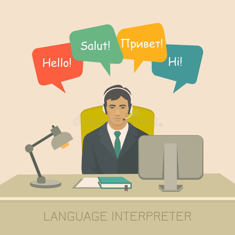 Interpreter with Speech Bubbles in Different Languages Stock Vector
