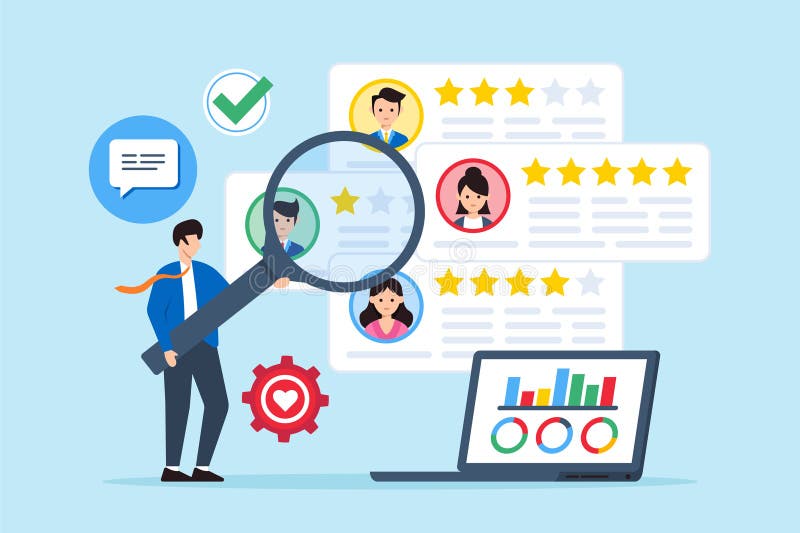 Interpreting client reviews and surveys, improving products and services concept vector illustration. Business analyst analyzing royalty free illustration
