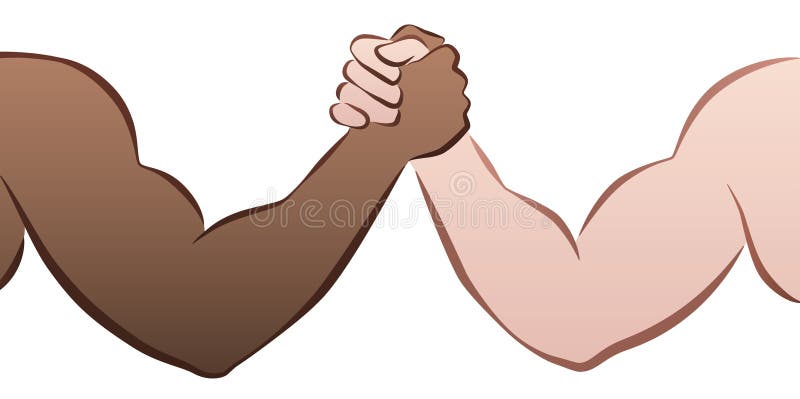 Interracial arm wrestling competition between a black and a caucasian man. Isolated vector illustration on white background.