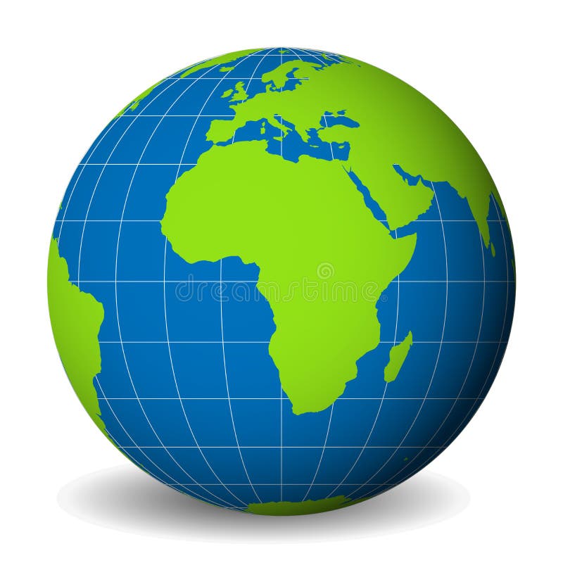 Interri il globo con la mappa di mondo verde e mari ed oceani blu messi a fuoco sull'Africa Con i meridiani ed i paralleli bianch illustrazione di stock