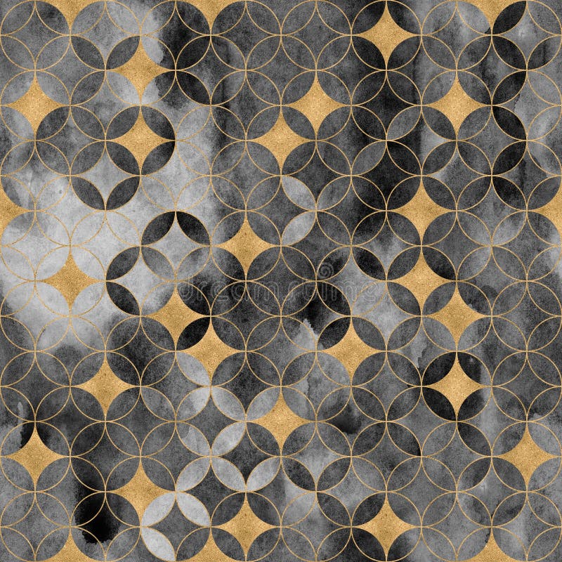 Intersecting circles, golden stars seamless pattern. Watercolor geometric circle background