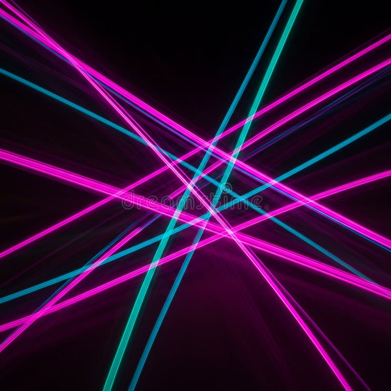 Intersecting neon beams of bright pink and teal light create a complex pattern on a vector illustration