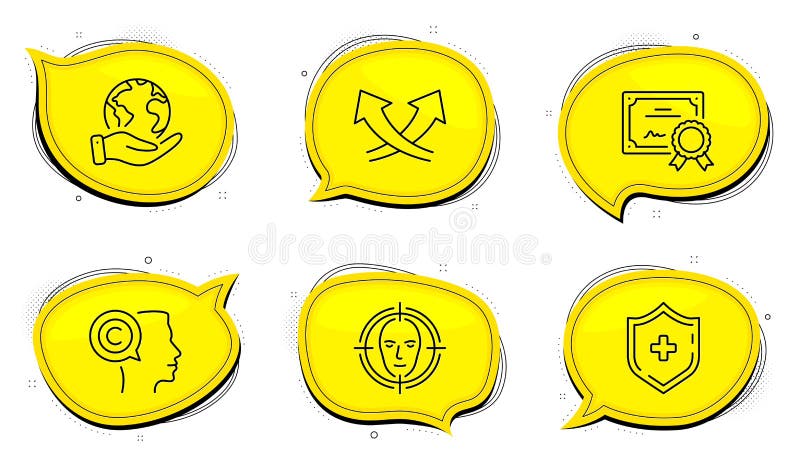 Intersection arrows, Medical shield and Face detect icons set. Writer sign. Vector royalty free illustration