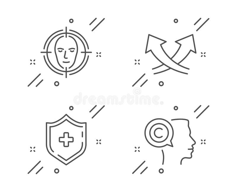 Intersection arrows, Medical shield and Face detect icons set. Writer sign. Vector royalty free illustration