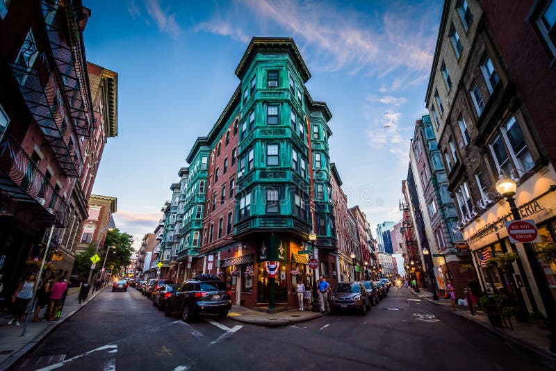 Intersection and historic buildings in the North End of Boston