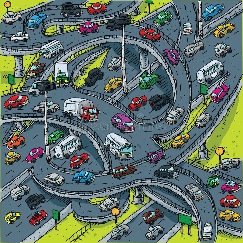 A busy, cartoon highway intersection. A busy, cartoon highway intersection.