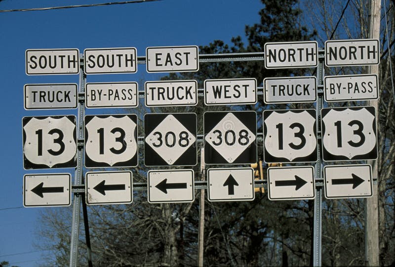 Interstate road signs with directional arrows