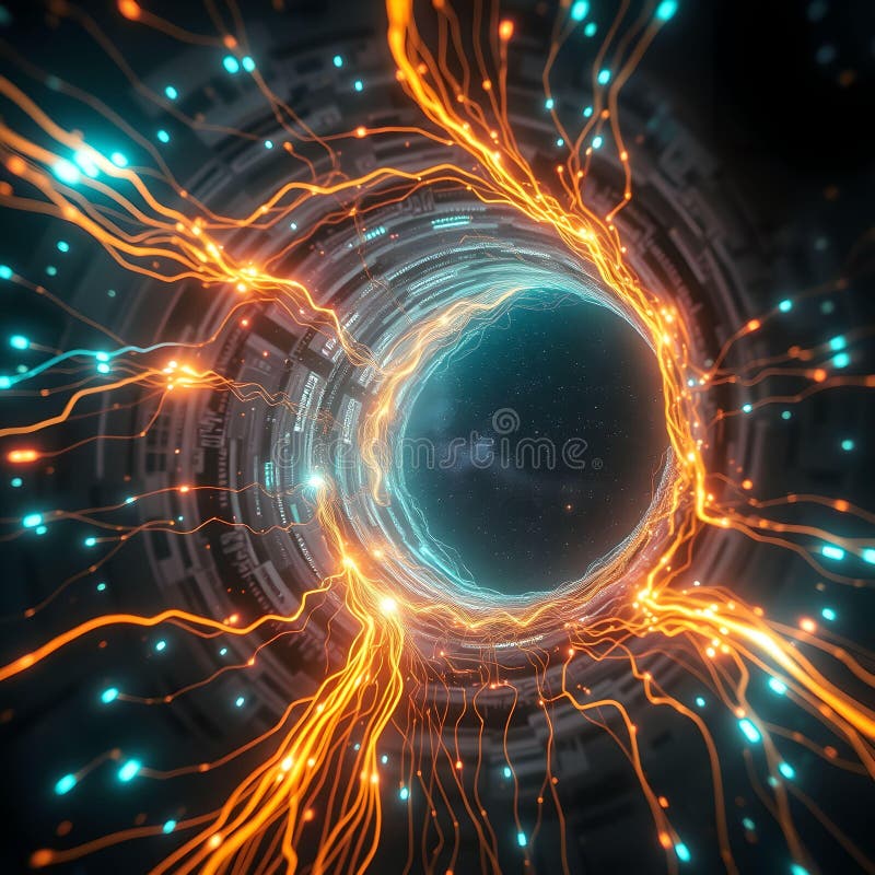 Interstellär dataöverföring : Luminösa kablar i det Futuristiska maskhålet Ultra HD SciFi-konceptet vektor illustrationer
