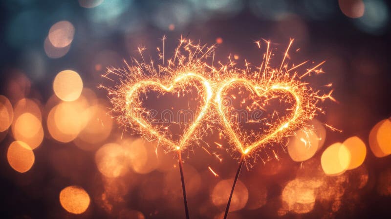 Intertwined Hearts of Sparkling Fireworks at Night royalty free illustration