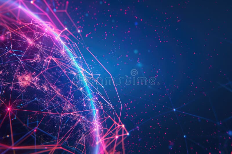 Intertwined neon lines, pulsing with energy, forming a complex network above a low-poly Earth royalty free stock photo