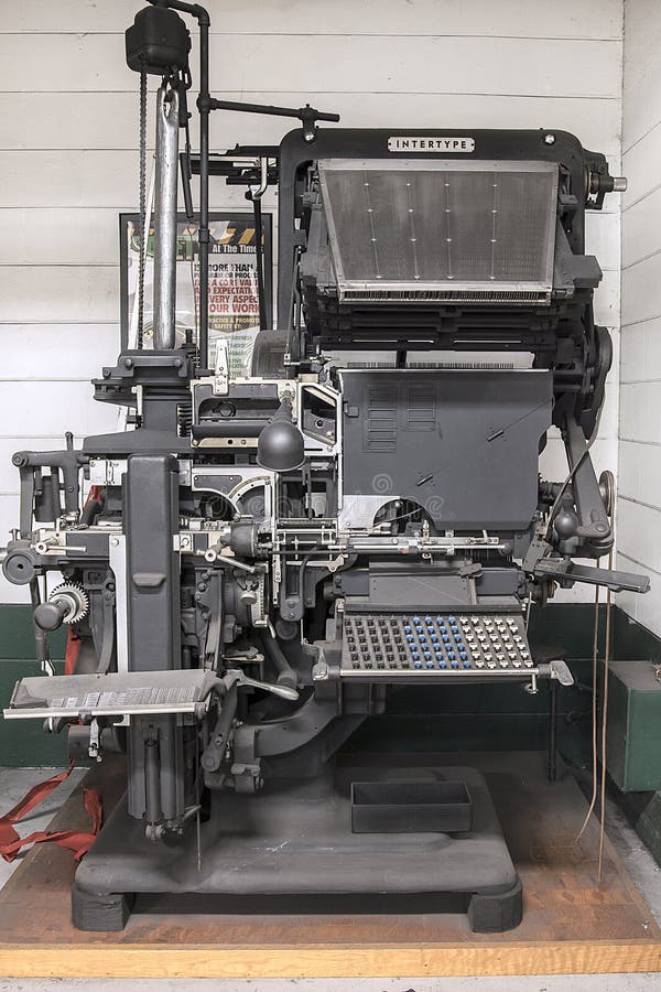An Intertype Model C Type-Casting machine on display inside the Tampa Bay Times print plant. This typecasting machine was manufactured in the United States in the 1910s.