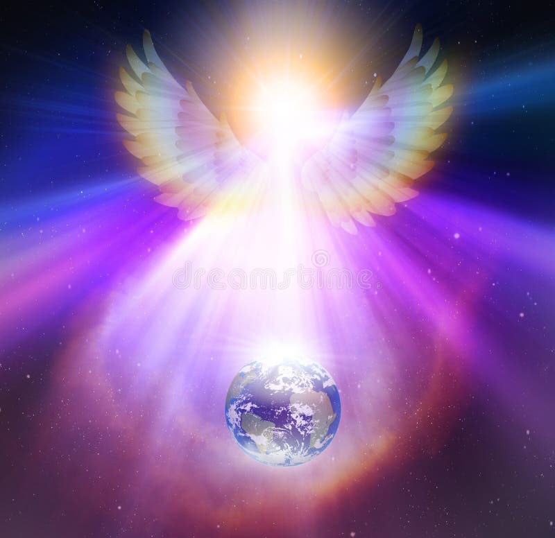 Intervento divino ad angelo, sincrono che dà benedizione a guardare il pianeta Terra in orbita, guarigione terrestre
