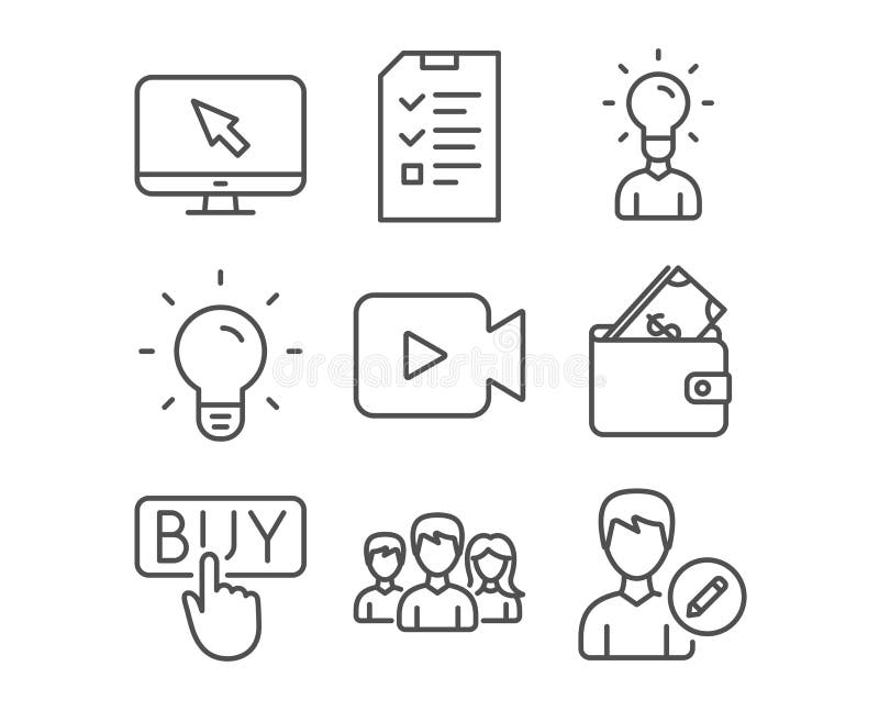Interview, Wallet and Video camera icons. Internet, Teamwork and Education signs. vector illustration