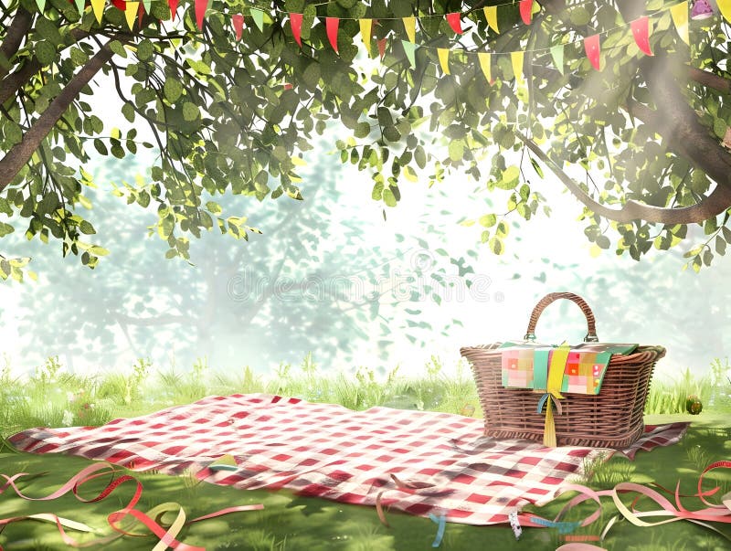 Intim födelsedag i en solklädd park med charmerande pikikessentiella essentiella royaltyfri illustrationer