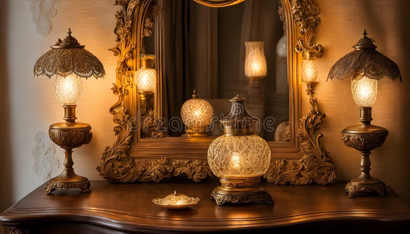 An intimate close-up shot of an ornate vintage vanity, beautifully adorned with intricate wood vector illustration