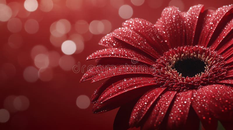 An intimate view of a red flower petal glistening with dew drops in delicate light stock foto's