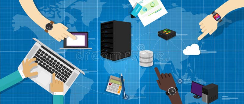 Intranet network server database router cloud internet interconnected world map IT infrastructure management vector illustration