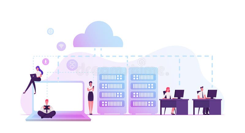 Intranet Private Network of Computers in Organization with Own Server and Firewall. Business Team Managers vector illustration