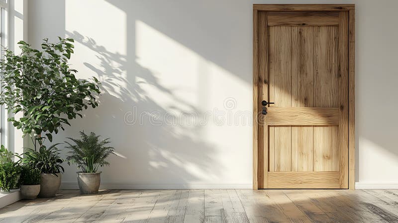 Intrare în ușa din față a dulapului AI generativ pentru decorarea lemnului și perete alb cu spațiu pentru copiere în interfața min stock illustration