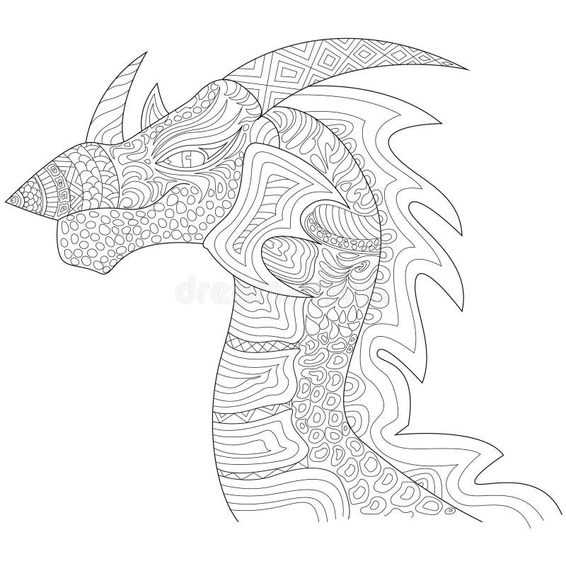 Intricate Abstract Dragon Head Line Art Detaljerad bild för svart och vit linje av ett dragonhuvud i profilvyn stock illustrationer