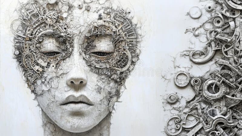 Intricate abstract face with mechanical elements and artistic complexity. Surreal abstract face created with mechanical components, showcasing intricate artistry and a fusion of organic and industrial design elements, evoking a sense of mystery and innovation. AI generated