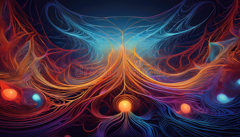 Intricate Abstract Network A Dynamic Symphony of Lines and Shapes in Vibrant Hues, Offering Mesmerizing Visual Rhythms for Artwork stock illustration